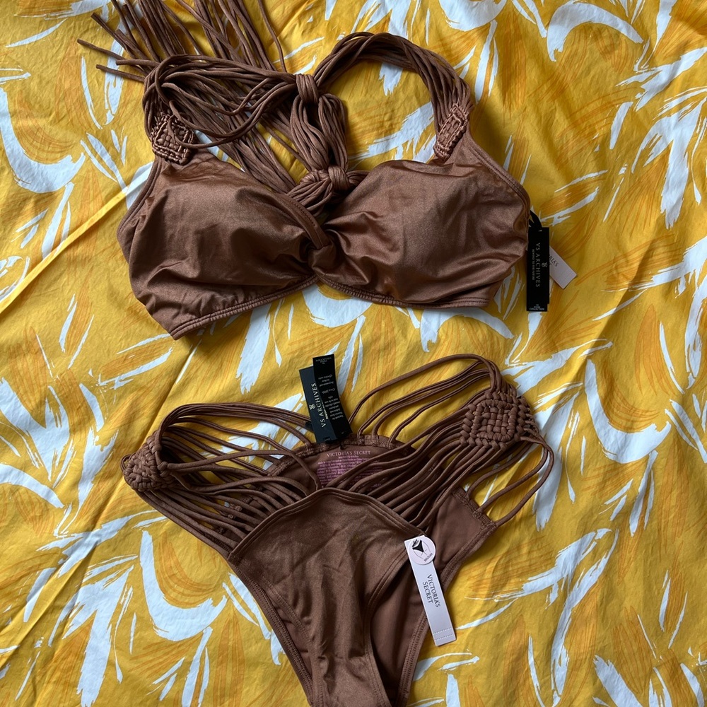 VS Archives Swim Macrame Fringe Brazilian Bralette Bikini Top and Bottom
